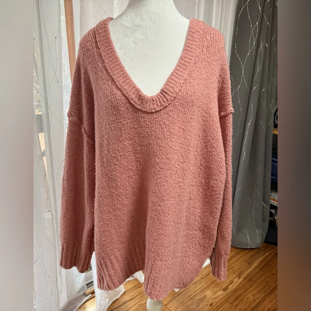 Free‎ People Brookside Sweater Oversized Tunic V-Neck Alpine Rose Sz XS (M Fit)